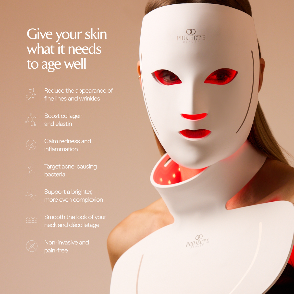 女士戴上 LumaLux Face+ V2，旁列护肤功效信息图
